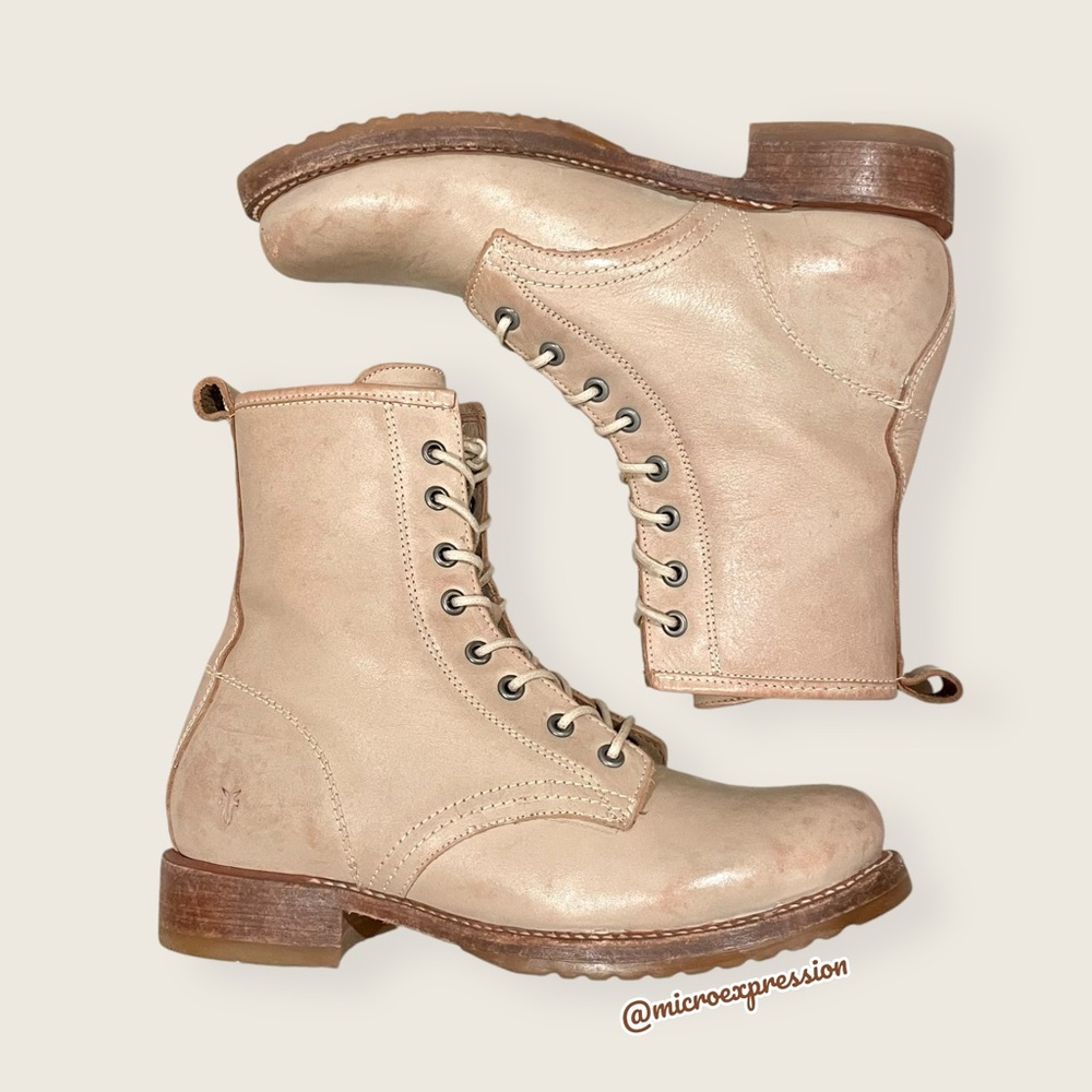 $399 Frye Veronica Combat Tan Cream Distressed Leather Lace Up Vintage Moto Boot - Picture 8 of 15